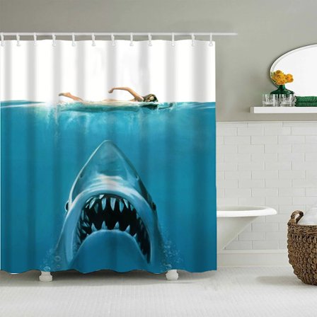 Shark Bruseforhæng (180x180 cm), Sjovt Bruseforhængssæt med Havtema med 12 Kroge, Seje Badeforhæng Vandtætte og Mugsikre