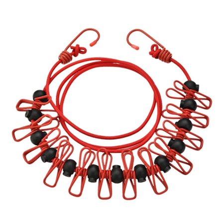 Elastiske klessnorer med strekk, reiseklessnor, justerbar uttrekkbar tørkesnor, vindtett tau med 12 klyper, rød