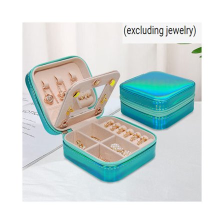 Ett smyckeskrin i blått med spegel för ringar