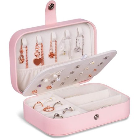 Litet smyckeskrin, portabelt resesmyckeskrin för kvinnor, smyckesorganisatör för ringar, örhängen, armband och halsband, 16,5 x 11,5 x 5,5 cm Rosado