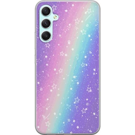 Kompatibel Mobilcover til Samsung Galaxy A34 Rainbow-farvet pastelbaggrund med hvide stjerner og glitrende prikker i blød overgang