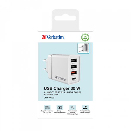 Verbatim strømadapter - 3 x USB-type A, 24 pin USB-C - 30 watt