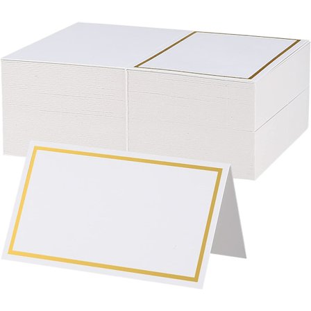 100 stk. bordkort, hvite blanke teltkort visittkort med gullfolie-kant for bryllupsmottak, borddekking