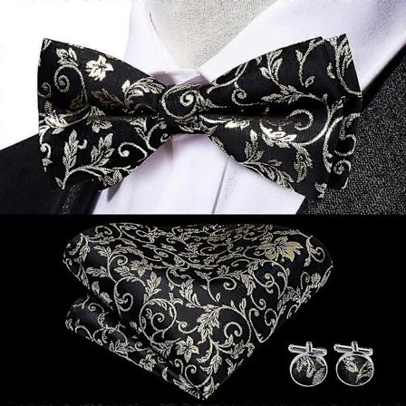 Beige Champagne Guld Silke Herr Fluga Näsduk Manschettknappar Set Jacquard Blommig Förknuten Fluga För Man Bröllop Företag