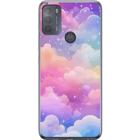 Kompatibelt Mobildeksel til Motorola Moto G50 Søt enhjørning med regnbuefarget hår mot en stjernebelagt pastellbakgrunn i kawaii-stil