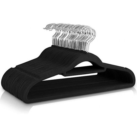 Hoikka samettinen liukumaton pukuhenkari musta/hopea - 10 kpl