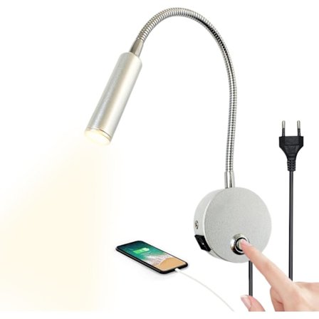 Dimbar LED-vegglampe med berøring, leselampe for sengen med USB-port og bryter, fleksibel svanehalslampe med stikkontakt, 3W vegglampe for lesing i 