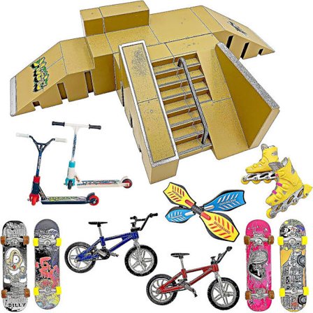 STASHABLES Finger Skateboard Rampe Sett Finger Skatepark Kit 16 Deler Skate Park Kit Inkludert Skateboards, Ramper, Sparkesykler, Skøyter, Sykler