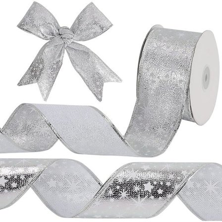 Tyylikäs hopeinen organza joulunauha 20m X 6.3cm, täydellinen joulukuusen koristeluun