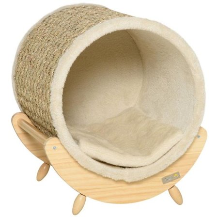 Rootz Cat Cave - Kattehus - Katteseng - Med kradser - Inkluderer pude - Fyrretræ/Tangreb/Flannel Polyester - Natur/Beige - 41cm x 38cm x 43cm