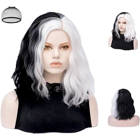 Halv Sort Halv Hvid Bølget Paryk, Mellem Lang Bølget Paryk med Elastik