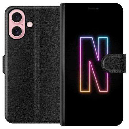Kompatibel Tegnebogsetui til Apple Apple iPhone 16 Minimalistisk neonbogstav N i farveskiftende lys mod sort baggrund