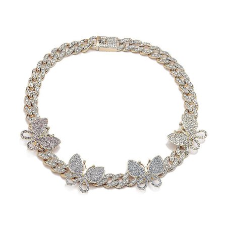 Cubansk kedja halsband damer strassbesatt hiphop fjäril halsband för damer flickor guld