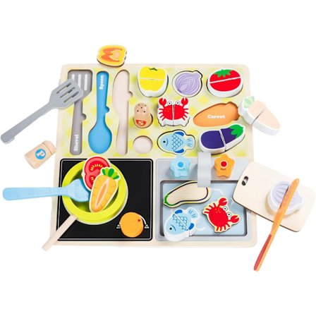 Puinen taapero BBQ-lelusetti simuloi ruoanlaittoa, grillausta, ruoan muodon tunnistuspeli Taapero grillilelu pojille ja tytöille 3, 4, 5, 6-vuotiaille