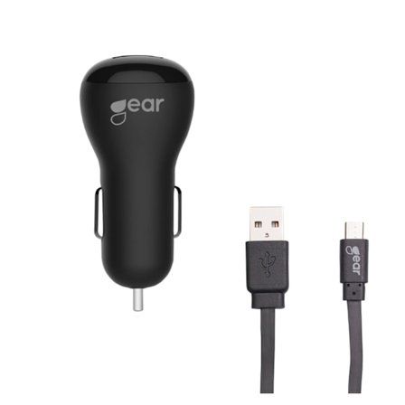 GEAR Laddare 12-24V 2xUSB 2.4A Svart MicroUSB Kabel platt 1m
