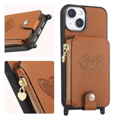 Etui til iPhone 14 Pro brun med lang snor, lychee-mønster, kærlighedskortholder, crossbody fashion
