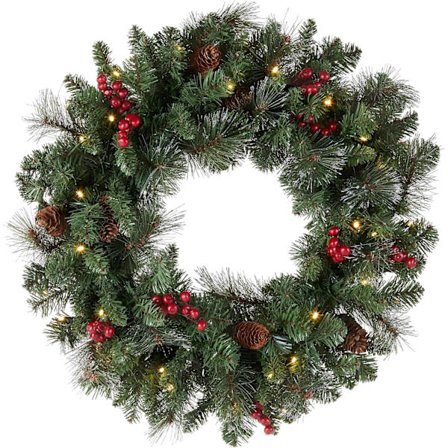 Konstgjord julkrans, Grön, Crestwood Spruce, Vita ljus, Dekorerad med tallkottar, bärklasar, frostade grenar, 18 tum