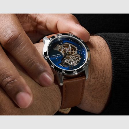 Dante II | Reloj esqueleto de acero inoxidable con correas de cuero en azul y plateado para hombres - Relojes de pulsera