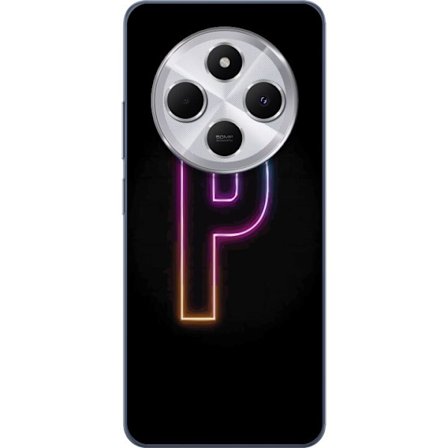 Kompatibel Mobilcover til Xiaomi Xiaomi Redmi 14C Minimalistisk neonbogstav P i farvegradient og lyseffekt mod sort baggrund i digital neonstil
