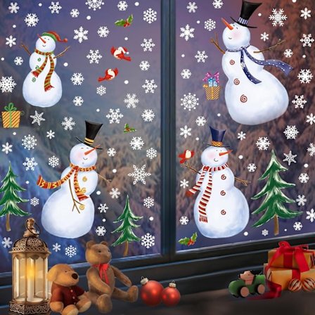 Suuret Kaksipuoliset Lumiukko Lumihiutale Ikkunatarrat – Uudelleenkäytettävä Jouluinen Lasisisustus