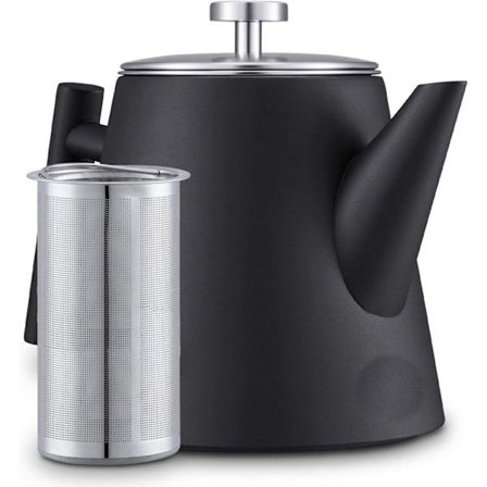 1 Liter Tekanna - Isolerad Vattenkokare - Rostfri Tekanna med Filter - Stor Tekanna - Isolerad Tekanna med Dubbelfilter - Svart