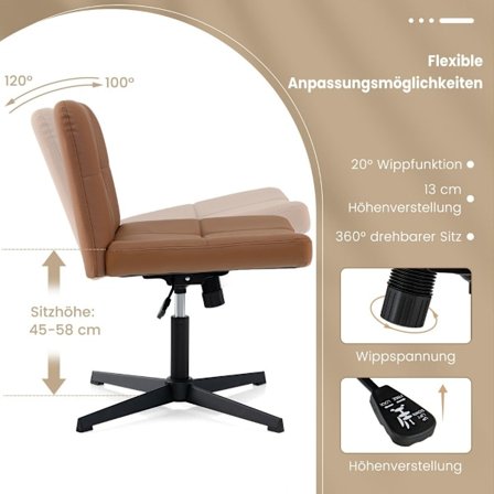 Kontorsstol utan armstöd Skrivbordsstol med bred sits & Rocker funktion konstläder för hemmakontor brun