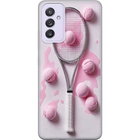 Kompatibel Mobilcover til Samsung Samsung Galaxy A82 5G Rosa glaskugler og tennisketsjer i et kreativt stillbillede med legende popfølelse og moderne