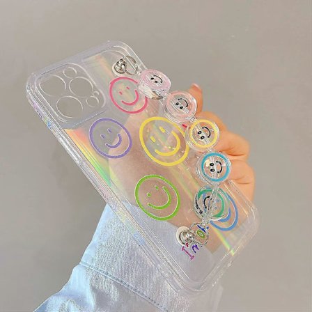 Genomskinligt mobilskal med smiley och kedja, kompatibelt med Iphone 13 Pro Max/13 Pro/13/12 Pro Max/11 Pro Max armband Kawaii