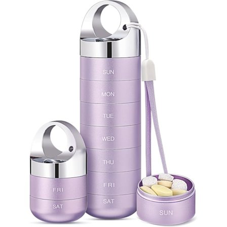 Ugentlig Pilleæske 7 Dages Bærbar Vandtæt Pilleboks Aluminium Legering Vitamin Supplement Holder til Fiskeolie Lilla