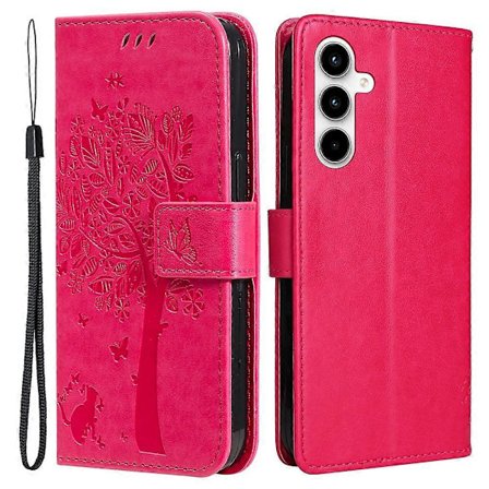 Samsung Galaxy A35 5G -puhelimen suojakotelo jalustalla, kissapuu-kuvioinen nahkalompakko