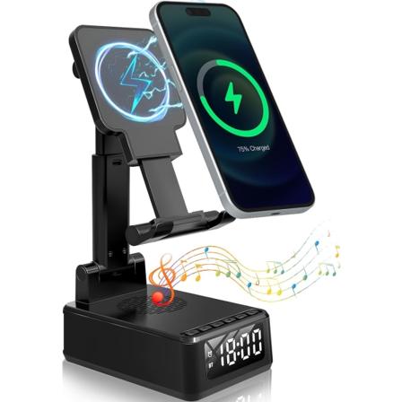 4 i 1 Bluetooth-høyttalervekkerklokke med trådløs lader og mobiltelefonholder, bærbar sammenleggbar mobiltelefonholder Audioklokkegave