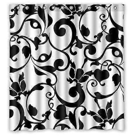 Sort og hvid Damask Klassisk Vintage Fransk Floral Hvirvel Bruseforhæng Badeværelsesgardin 160x180 Cm E---57856