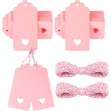 100 Rosa Gaveetiketter 4,5 x 9,5 cm Kraftpapiretiketter, 300 g/m² Gaveetiketter Hjerte med Snor for Bryllupsgaver til Håndverk
