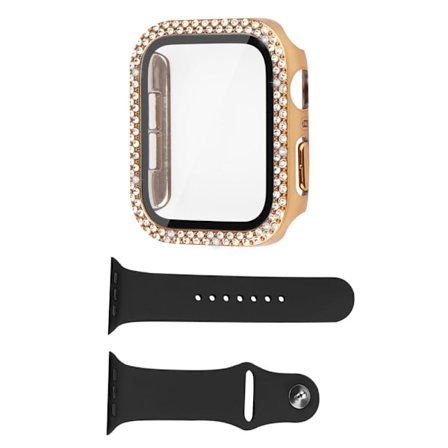 Apple Watch SE 2022 (44mm) strassdekorerat fodral med härdat glas och klockarmband - Guld