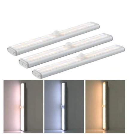 3 stk. LED bevegelsessensor lysstripe, 56 LED-perler sensorlys trådløs under skapbelysning, skap, innendørs kjøkken, trapp klistremerke magnetisk