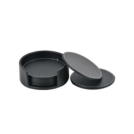 Et sæt med 6 drikkebrikker i læder, runde brikker, sorte