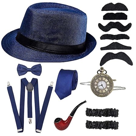 1920-talls Herre Gatsby 8-delt Tilbehørssett Hatt Seler Sløyfe