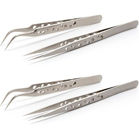 4 stk. præcisionspincetter, pincetter 2 lige 2 buede, antistatiske, rustfrit stål