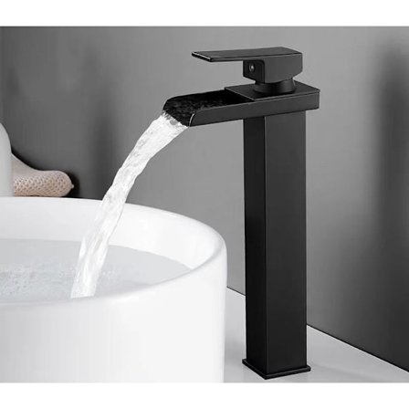 Høy servantvannkran med foss i matt sort, rektangulær, varm og kald, justerbar, firkantet baderomsbatteri for benkeplate, håndvaskbatteri i rustfritt 