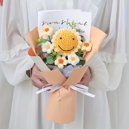 1 Buket Strikkede Solsikker med Glad Ansigt - Simuleret Blomsterbuket til Kæreste, Mor & Bedstemor | Perfekt Gave til Fødselsdage_TF_TF