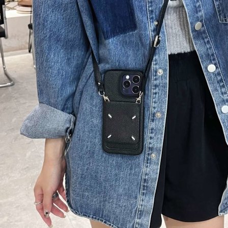 Kotelo iPhone 15pro 6,2 tuumalle, musta, brodeerattu korttipidike, musta säätököysi, crossbody coi