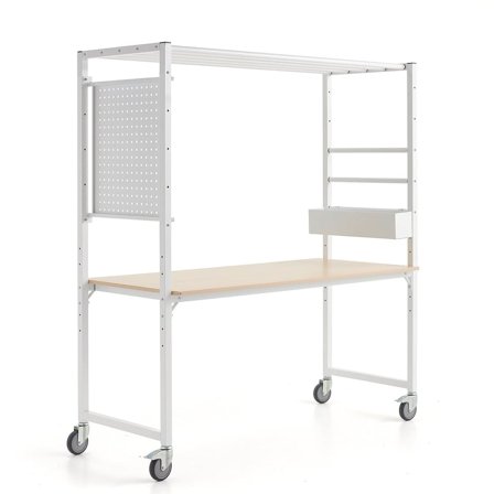 Mobile multi-table TEAMWORK, accessory box, tool panel, white/birch