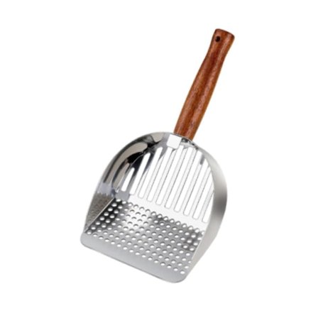 Katteskovl i rustfrit stål, bærbar rengøringsværktøj, si med træhåndtag