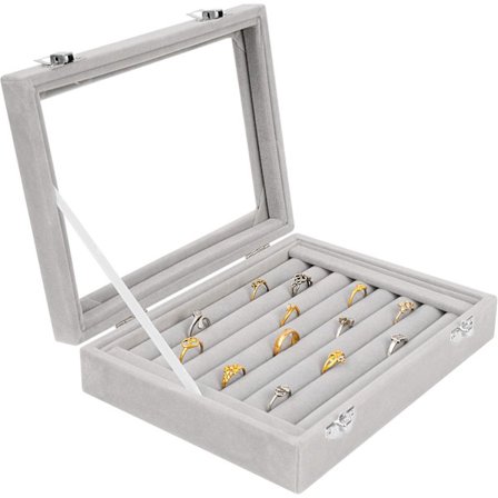 Grå glasringopbevaringsboks med 7 sektioner - Æske til ringe, manchetknapper og øreringe