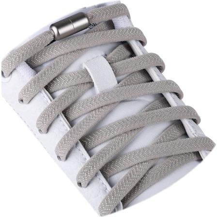 2 paria vaaleanharmaita joustavia litteitä nauhoja metallikiinnityksellä