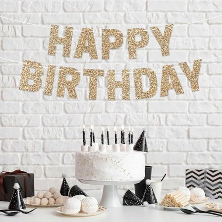 Formonteret Tillykke med fødselsdagen banner - Gyldent glitrende fødselsdagsbanner - 2,4 meter snor med formonterede blomsterguirlander