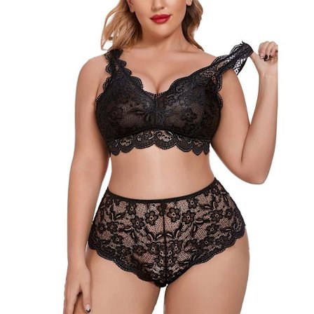 Dame Plus Size Sexy BH & Truser Soveklær Pyjamas Undertøysett Svart