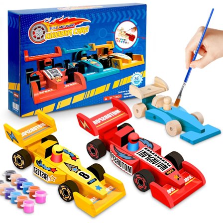 Trebil racerbil-byggesett i tre, 3 stk. Bygg en racerbil-leke for DIY-maling og montering med malingsverktøy, gave til gutter og jenter