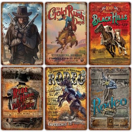 6 st Västra Cowboy Rodeo Konstaffischer Järn Retro Oberamad Väggdekor 20x30cm för Bar Pub Hem