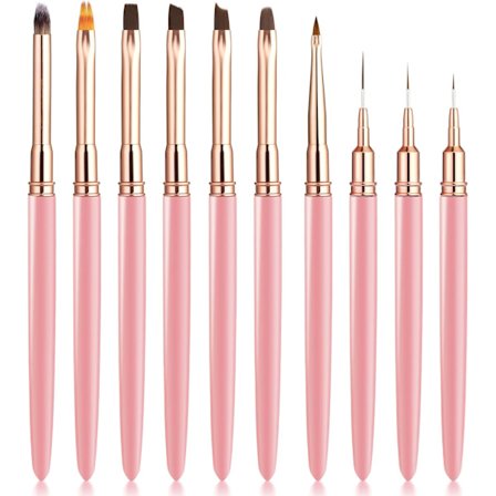 10 stk Gel Neglbørstesett - Neglekunstbørste, Akrylfôr-børste og Neglekunstbørste for Profesjonell Design, DIY Manikyr og Polish